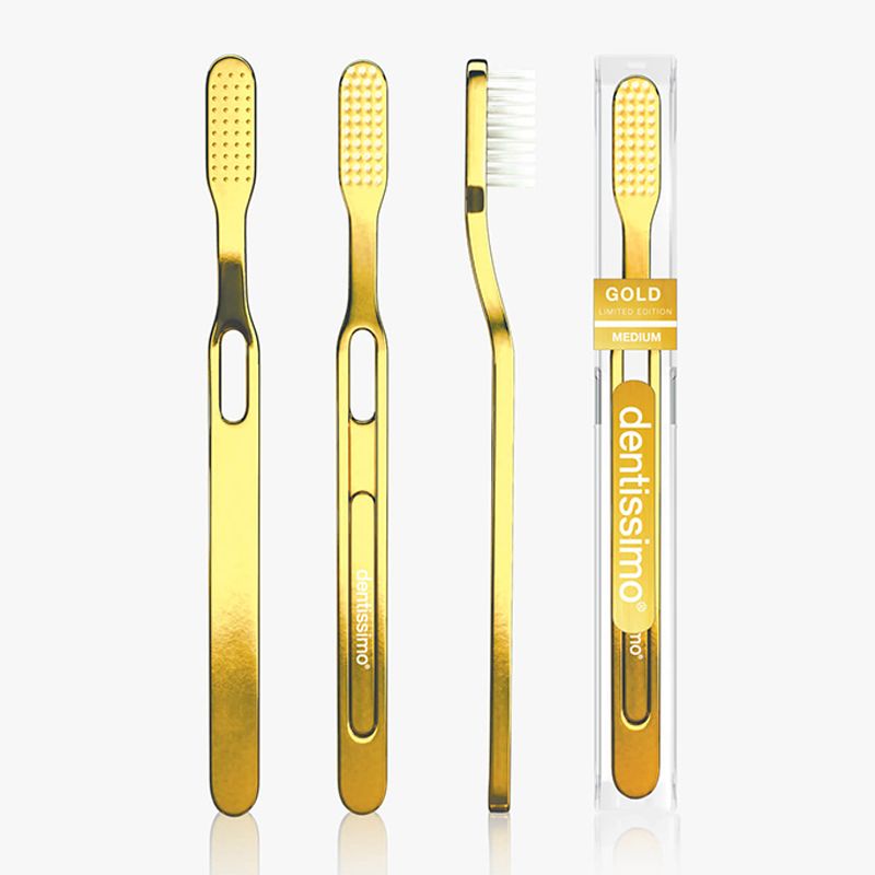 DENTISSIMO  TOOTHBRUSH Golden Handle + Medium Transparent filaments